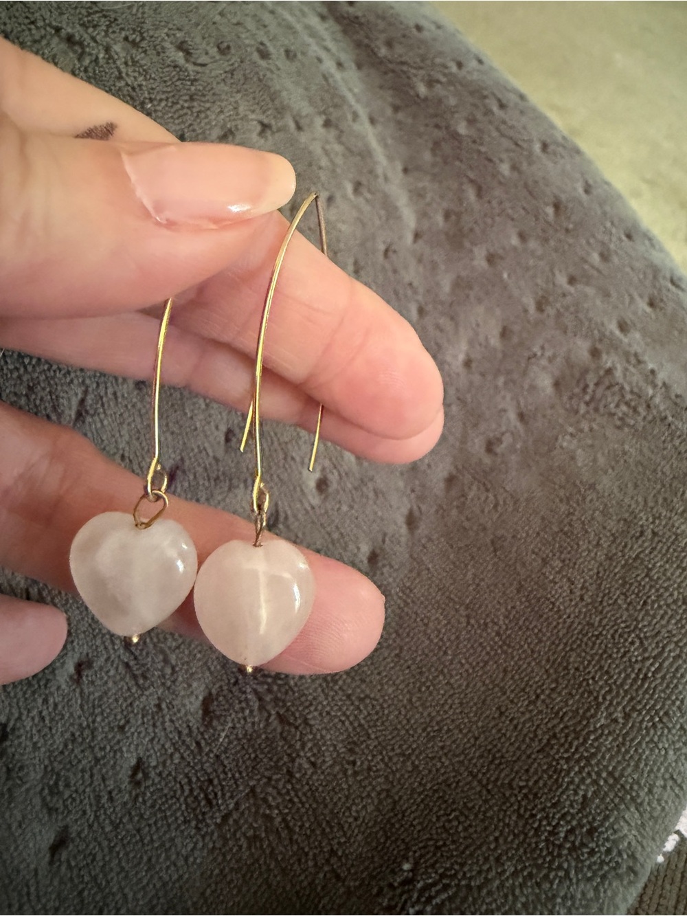 Katia Designs Rose Quartz Heart Drop Earrings with Gold Hooks - Picture 3 of 4